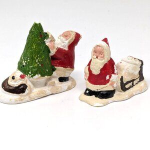 Vintage 1930s Mini Chalkware Santa & Sled Made In England Christmas Figurines
